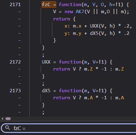 A screenshot of the browser DevTools. The search bar displays the query &lsquo;fzC =&rsquo;, while the code viewer highlights the same term within the obfuscated code.